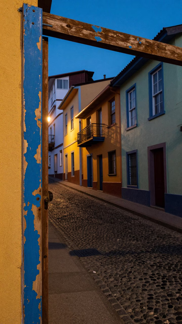 Blue Hour Street Scene in Valparaiso Chile with Chipped Blue Enamel Details in in Valparaiso, Chile
