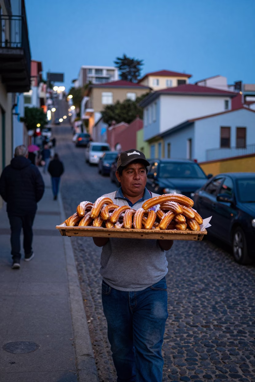 Blue Hour Street Scene in Valparaiso Chile with Churros and Chocolate in in Valparaiso, Chile