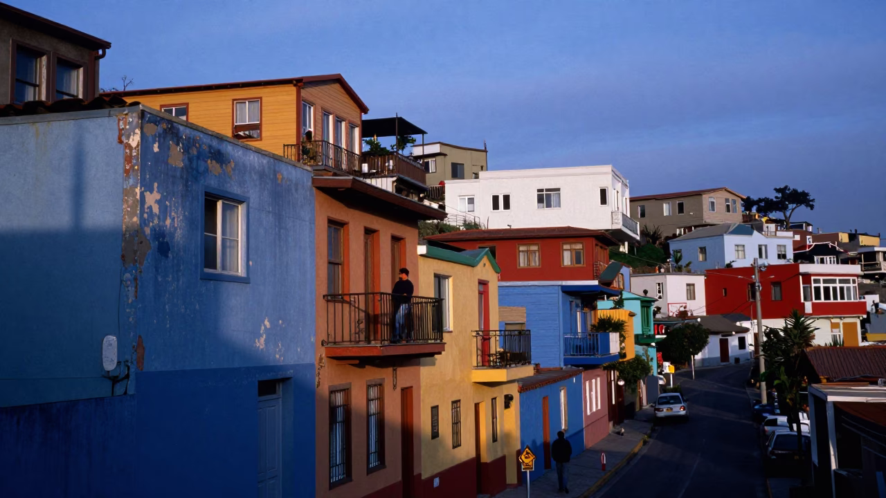Blue Hour Street Scene in Valparaiso Chile with Colorful Architecture and Local Details in in Valparaiso, Chile
