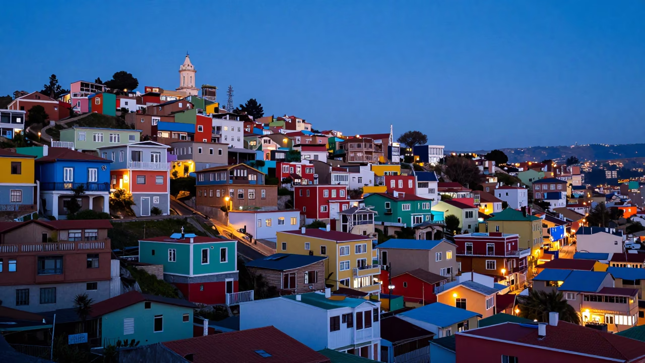 Blue Hour Street Scene in Valparaiso Chile with Colorful Architecture and Local Life in in Valparaiso, Chile