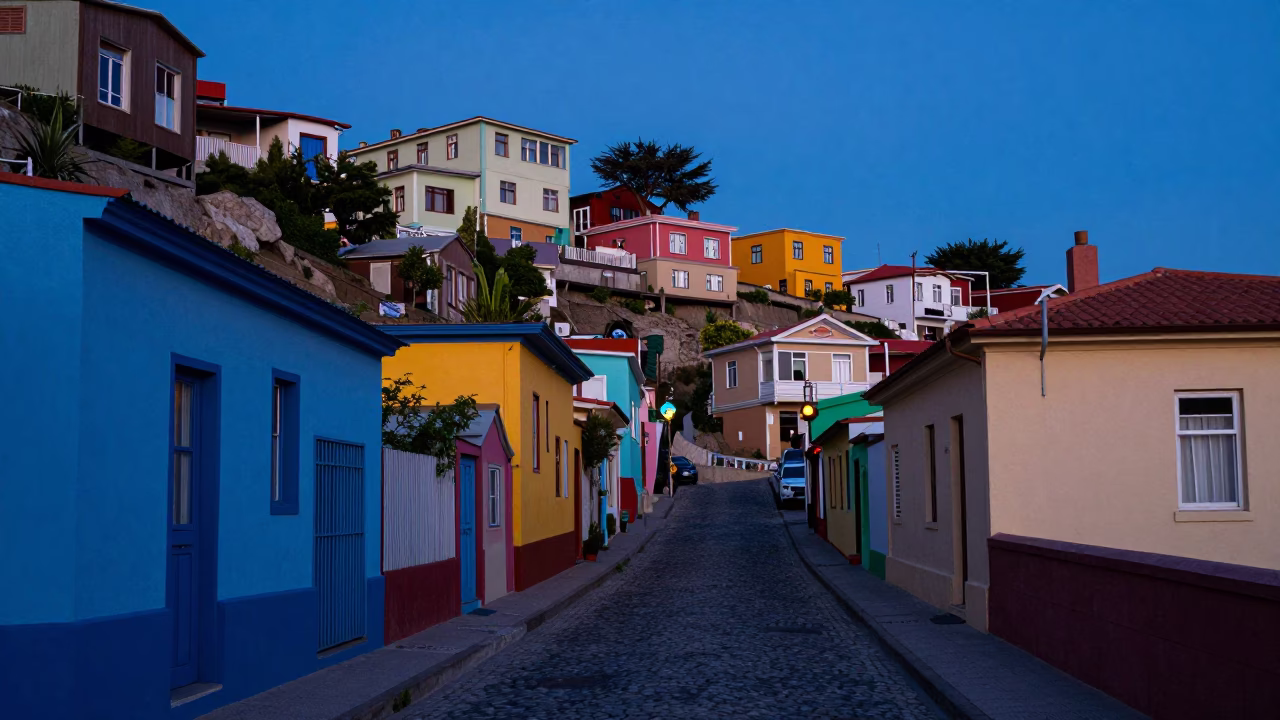 Blue Hour Street Scene in Valparaiso Chile with Colorful Houses and Cobblestone in in Valparaiso, Chile
