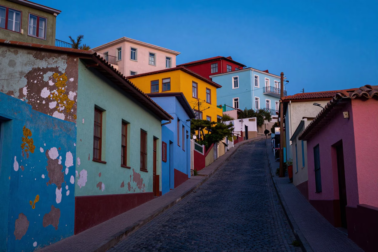 Blue Hour Street Scene in Valparaiso Chile with Colorful Houses and Lichen in in Valparaiso, Chile