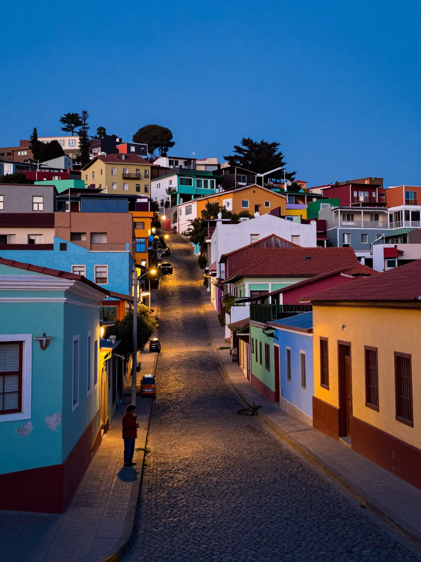 Blue Hour Street Scene in Valparaiso Chile with Colorful Houses and Local Life in in Valparaiso, Chile
