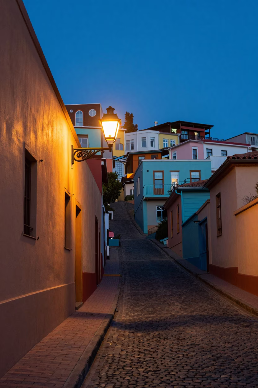 Blue Hour Street Scene in Valparaiso Chile with Colorful Houses and Oil Lamp in in Valparaiso, Chile