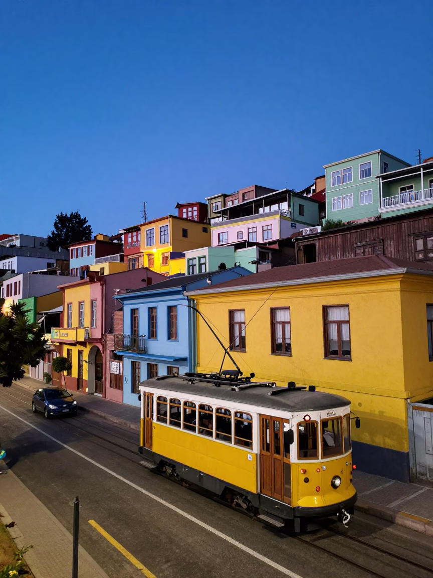 Blue Hour Street Scene in Valparaiso Chile with Colorful Houses and Tram in in Valparaiso, Chile