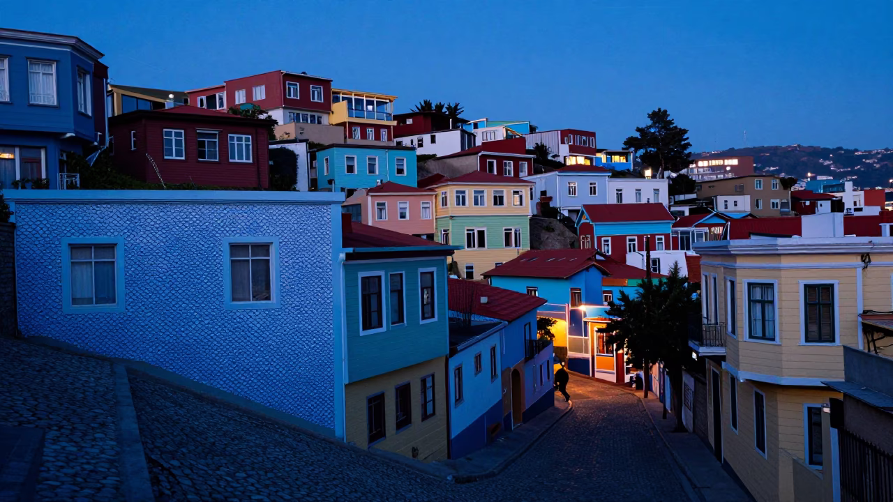 Blue Hour Street Scene in Valparaiso Chile with Fish Scale Pattern and Twine in in Valparaiso, Chile