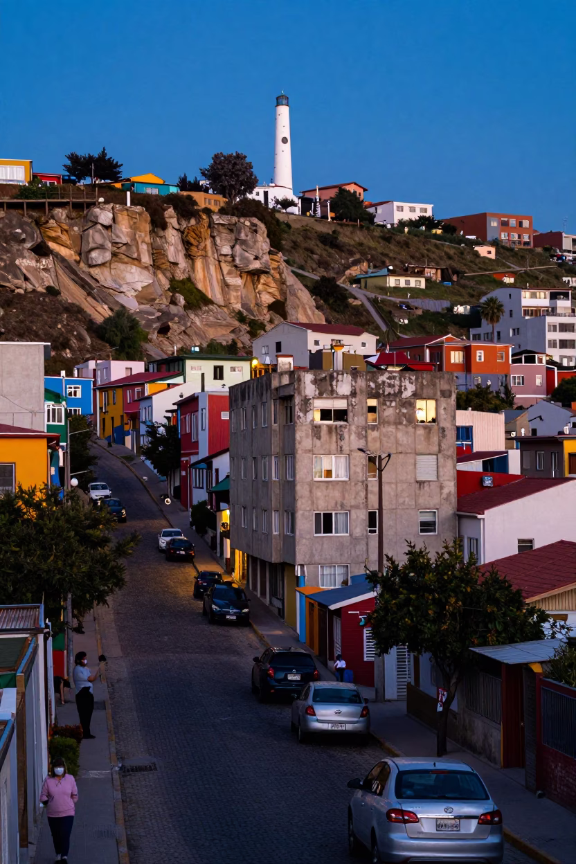 Blue Hour Street Scene in Valparaiso Chile with Fossil Cliff and District Heating Pipes in in Valparaiso, Chile