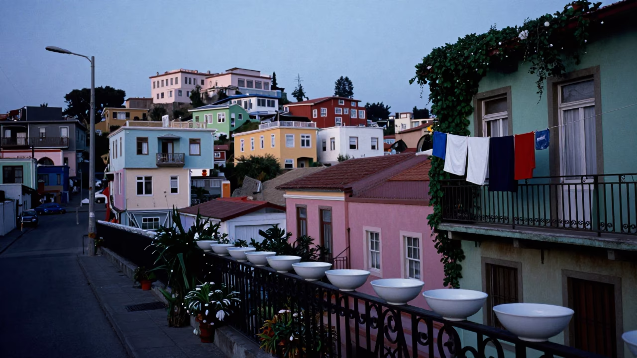 Blue Hour Street Scene in Valparaiso Chile with Hanging Laundry and Ivy in in Valparaiso, Chile