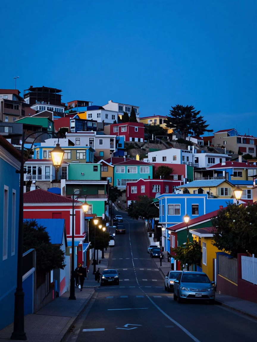 Blue Hour Street Scene in Valparaiso Chile with Lanterns and Colorful Architecture in in Valparaiso, Chile