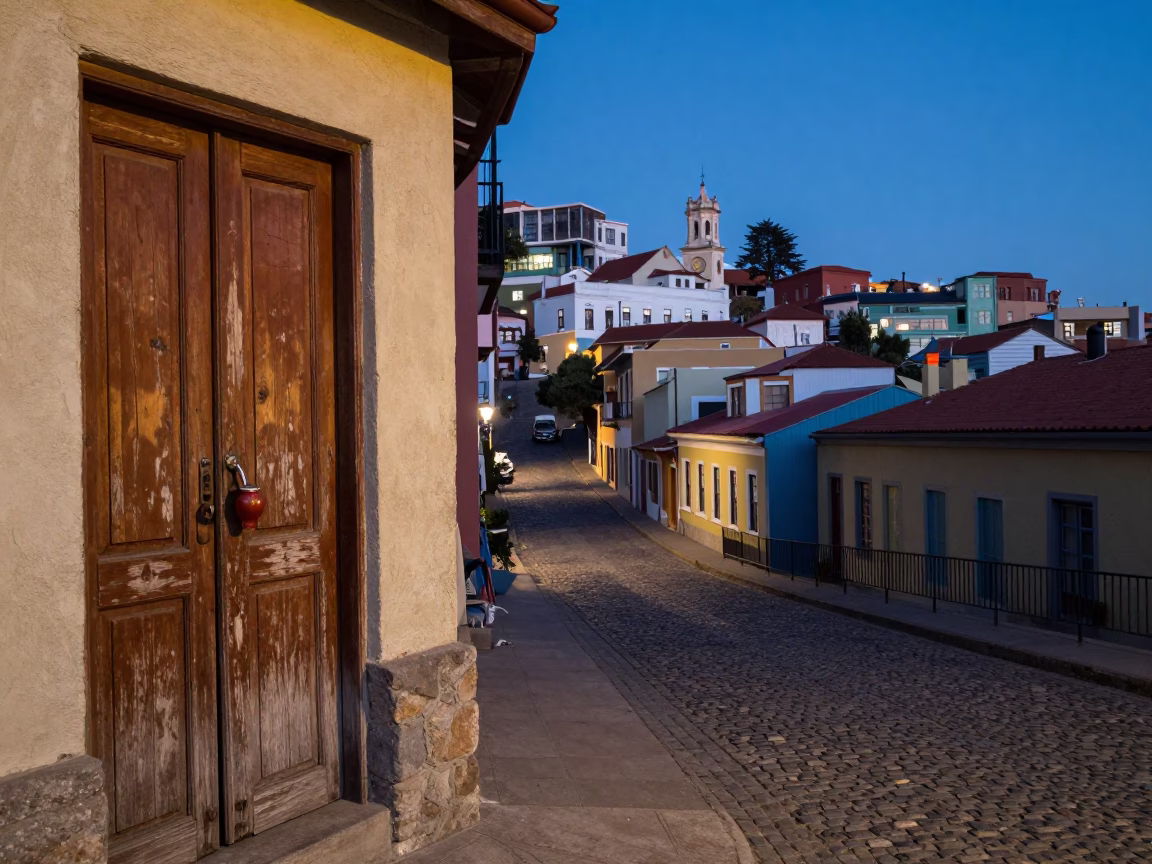 Blue Hour Street Scene in Valparaiso Chile with Latch and Yerba Mate in in Valparaiso, Chile