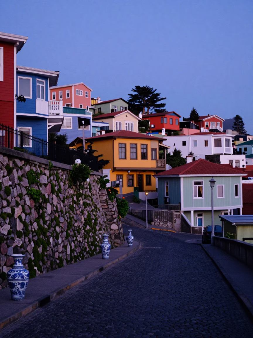 Blue Hour Street Scene in Valparaiso Chile with Mossy Stone Wall and Porcelain Jar in in Valparaiso, Chile