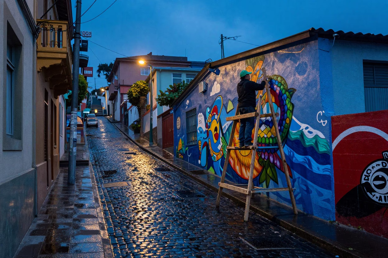 Blue Hour Street Scene in Valparaiso Chile with Muralist and Water Details in in Valparaiso, Chile