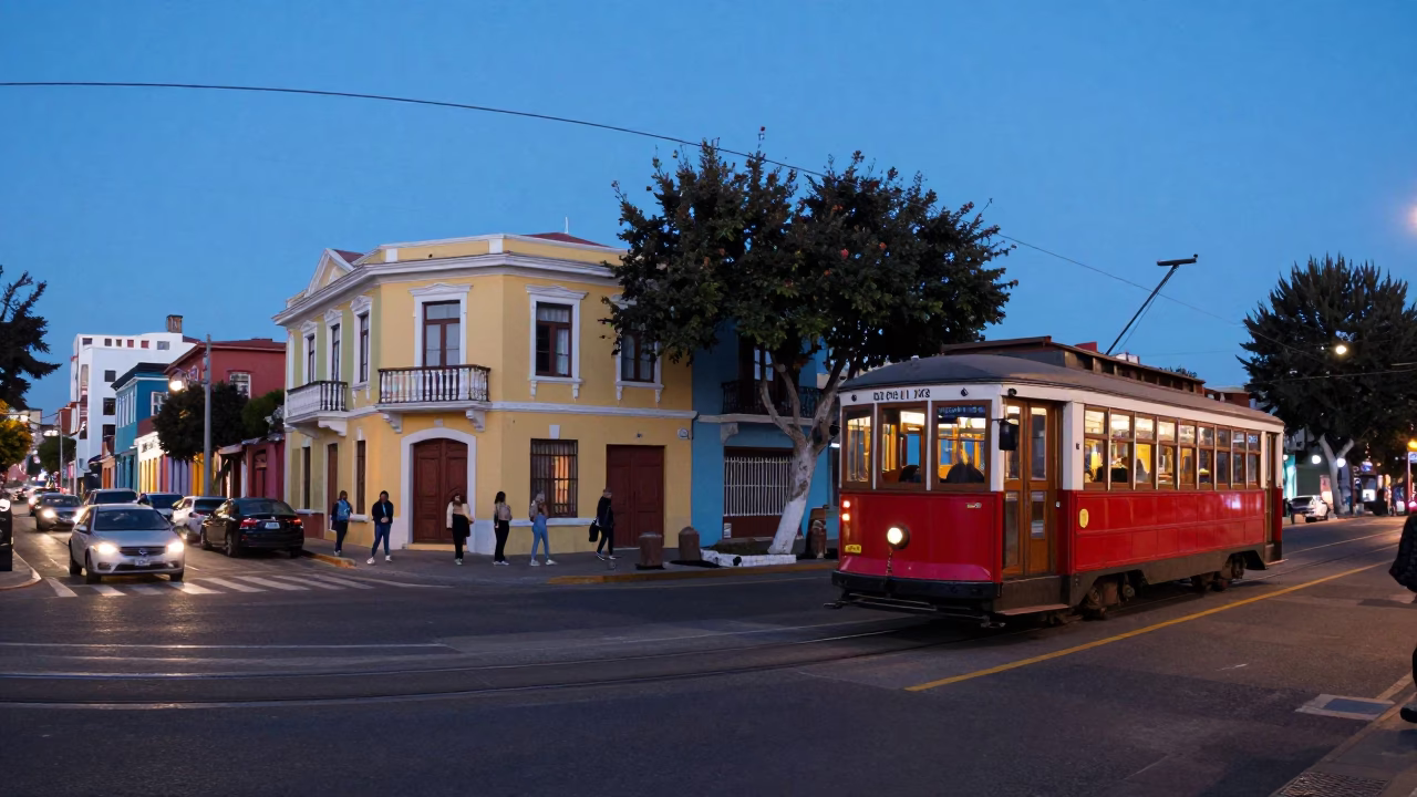 Blue Hour Street Scene in Valparaiso Chile with Old Trolley and Colorful Architecture in in Valparaiso, Chile