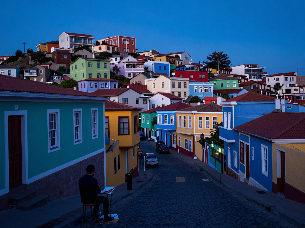 Blue Hour Street Scene in Valparaiso Chile with Painter and Colorful Hillside Houses in in Valparaiso, Chile
