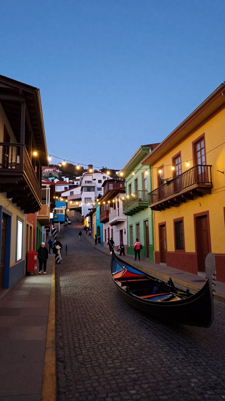 Blue Hour Street Scene in Valparaiso Chile with String Lights and Gondola in in Valparaiso, Chile