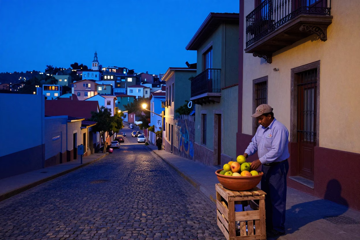 Blue Hour Street Scene in Valparaiso Chile with Terracotta Bowl and Hydrangea Bush in in Valparaiso, Chile