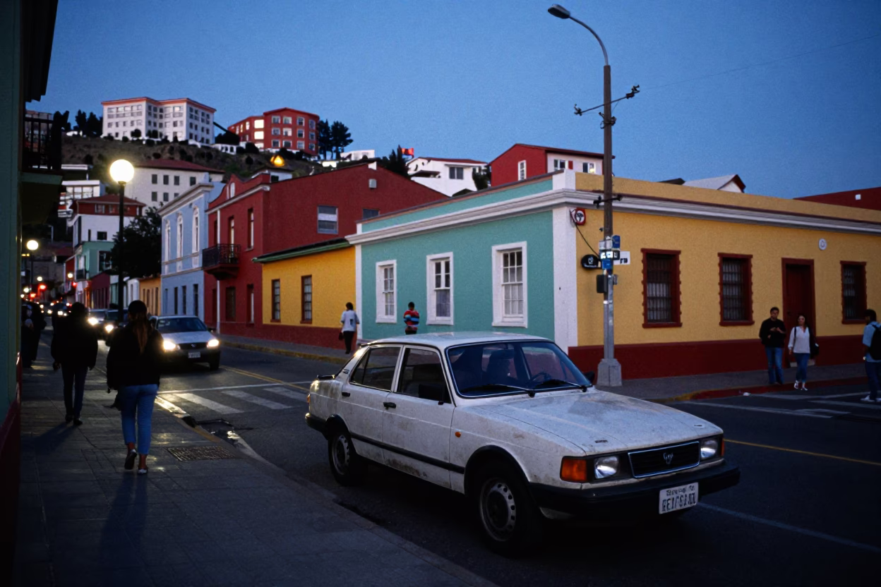 Blue Hour Street Scene in Valparaiso Chile with Vintage Car and Colorful Architecture in in Valparaiso, Chile