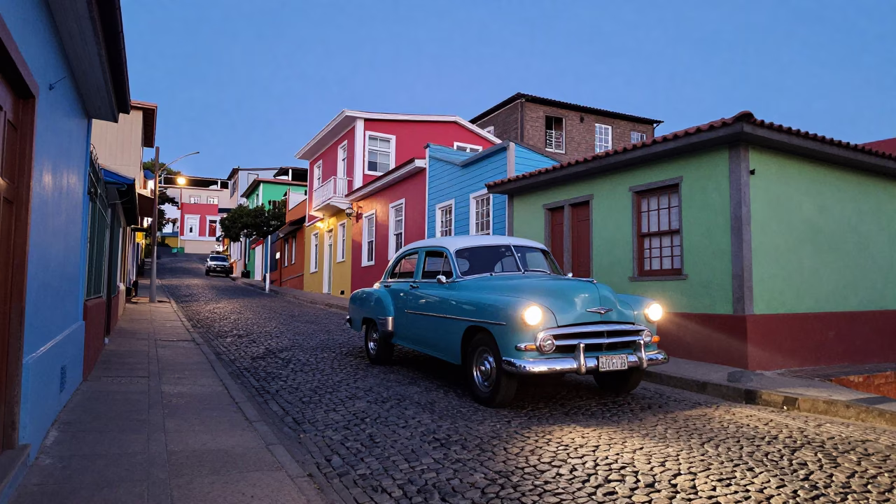 Blue Hour Street Scene in Valparaiso Chile with Vintage Car and Colorful Houses in in Valparaiso, Chile