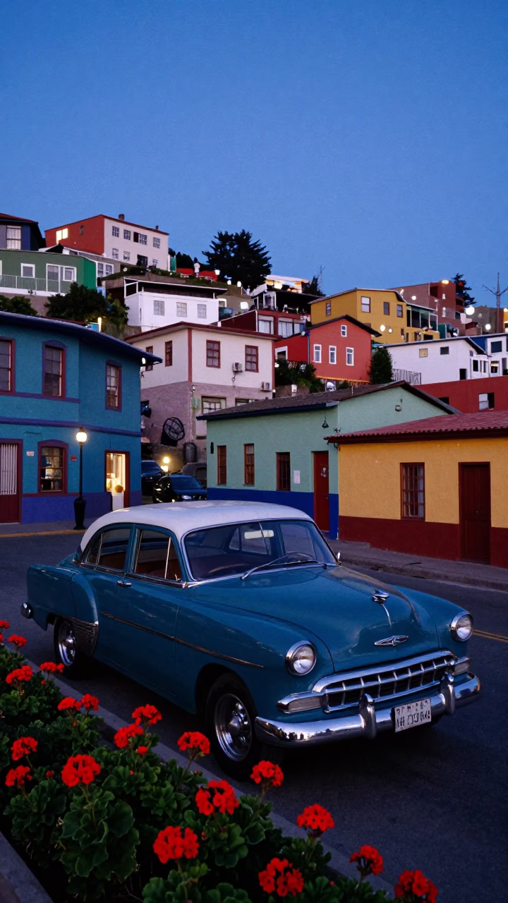 Blue Hour Street Scene in Valparaiso Chile with Vintage Car and Geraniums in in Valparaiso, Chile