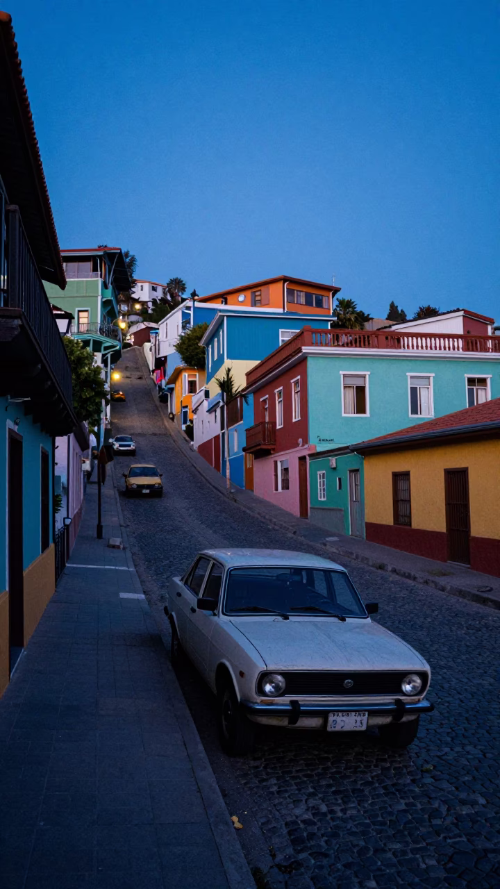 Blue Hour Street Scene in Valparaiso Chile with Vintage Car and Hanging Laundry in in Valparaiso, Chile