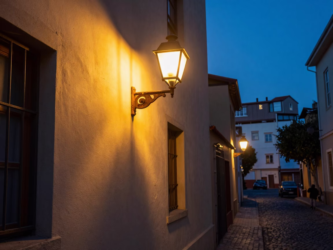 Blue Hour Street Scene in Valparaiso Chile with Wall Sconce and Urban Details in in Valparaiso, Chile