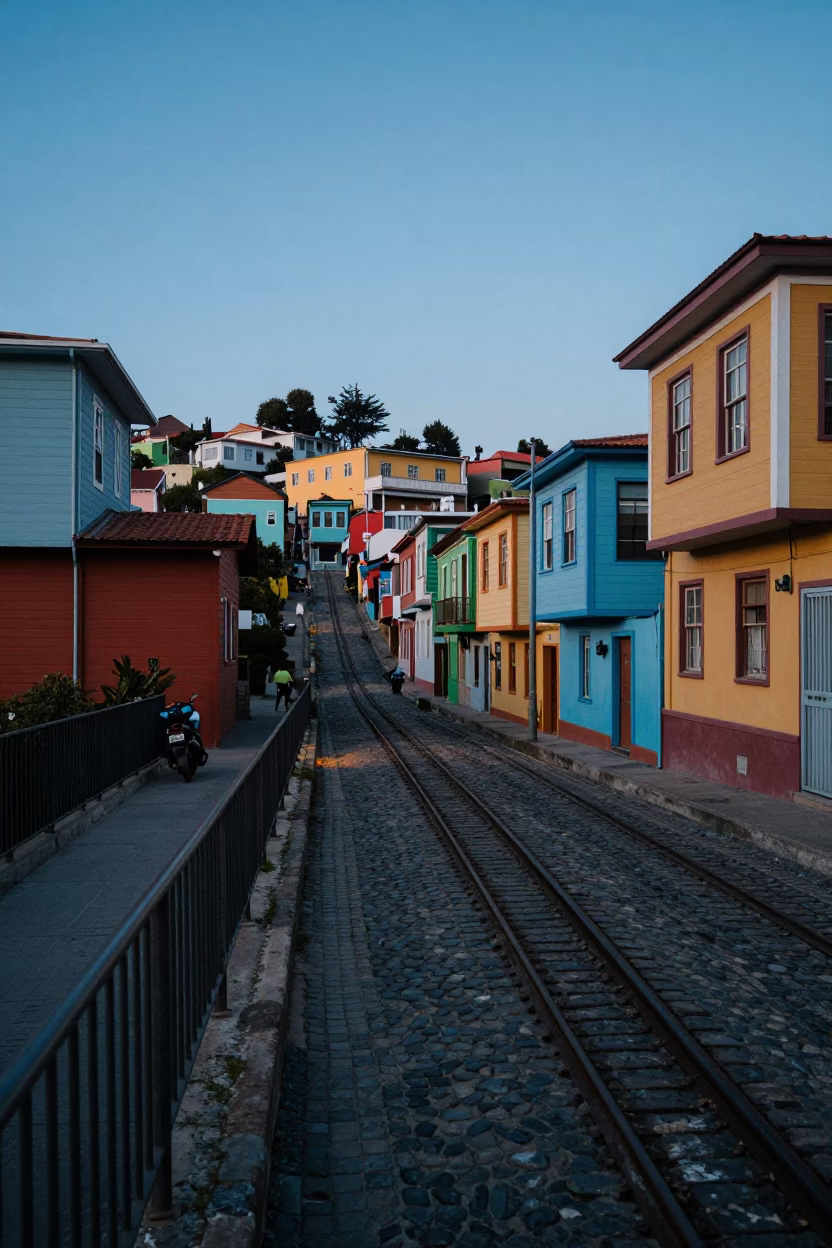 Blue Hour Street Scene in Valparaiso Chile with Weathered Rail and Urban Texture in in Valparaiso, Chile