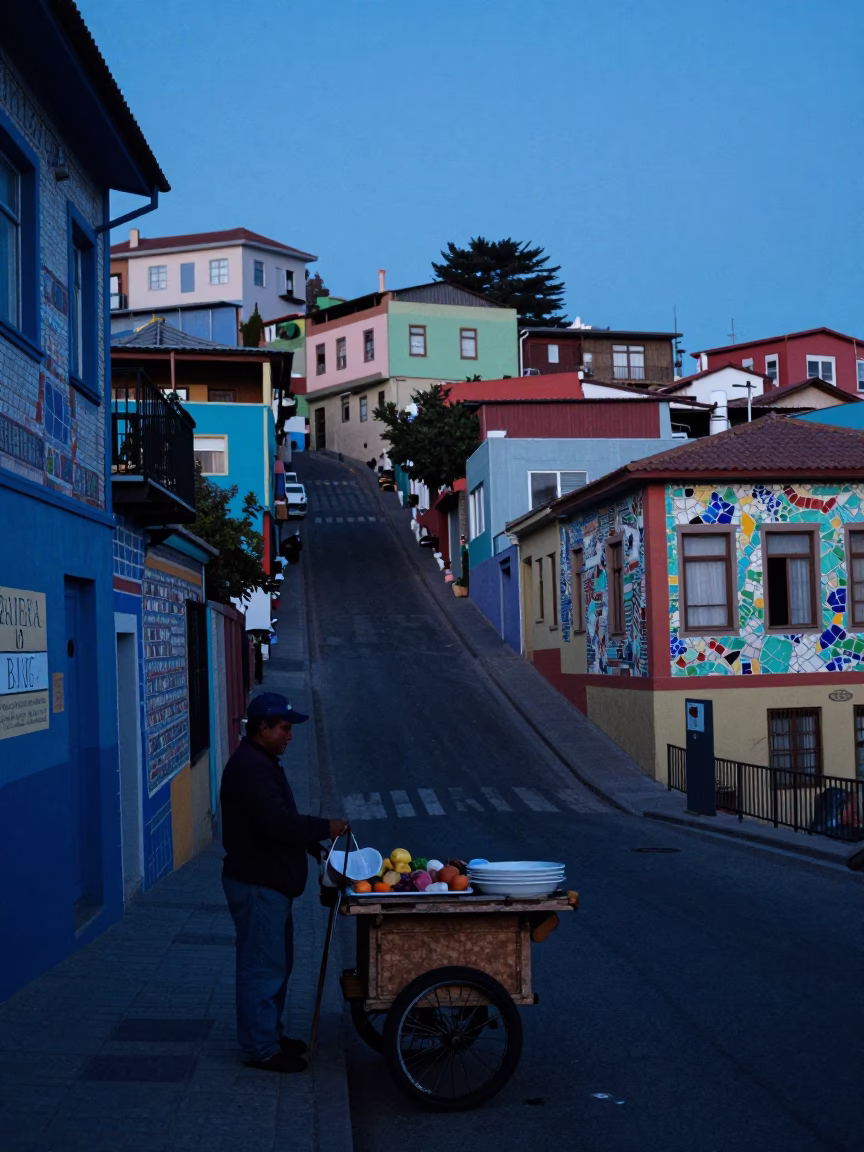 Blue Hour Street Scene in Valparaiso With Colorful Mosaic Tiles in in Valparaiso, Chile