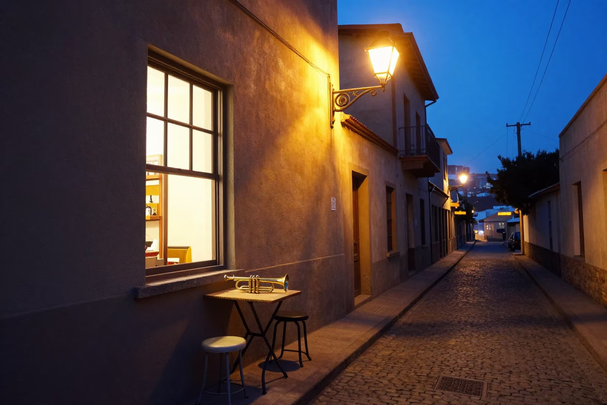 Blue hour street scene in Valparaiso with open window and lamp light in in Valparaiso, Chile
