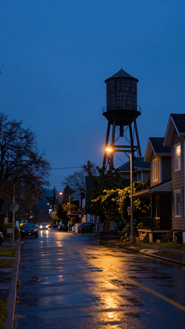 Blue Hour Street Scene in Vancouver British Columbia Canada with Water Tower and Vine in in Vancouver, British Columbia, Canada