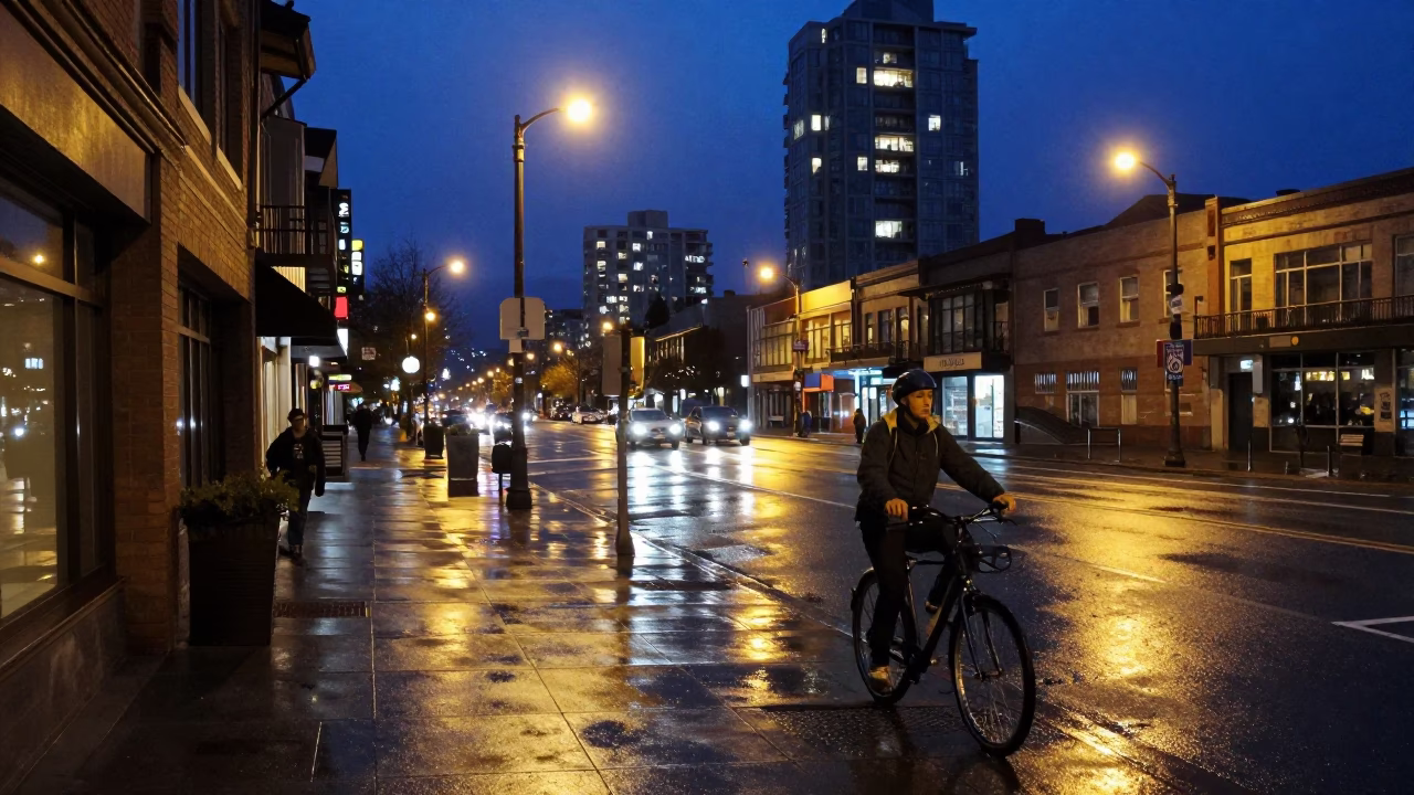 Blue Hour Street Scene in Vancouver with Bicycle and City Lights in in Vancouver, British Columbia, Canada