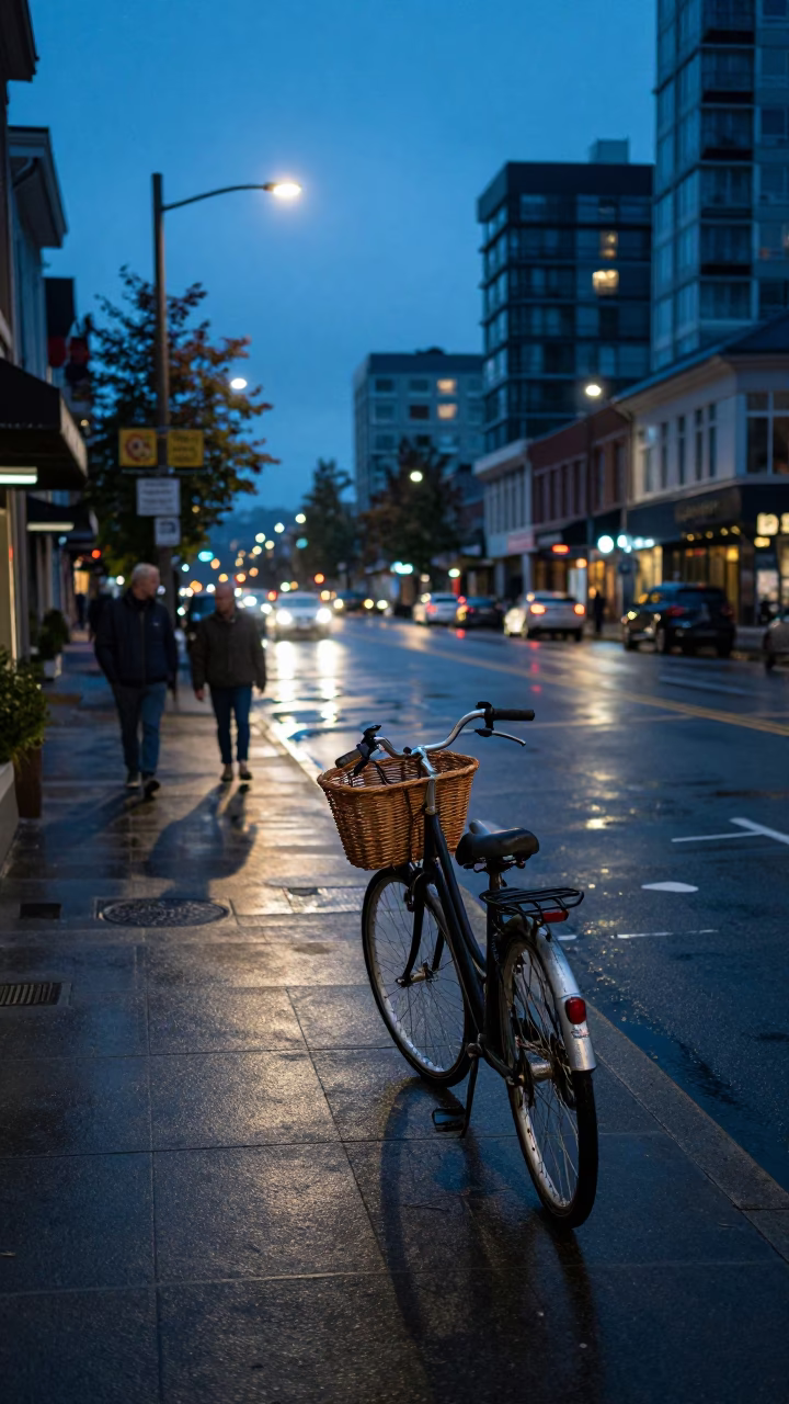 Blue Hour Street Scene in Vancouver with Bicycle Basket and Wicker Shadow on Basin in in Vancouver, British Columbia, Canada