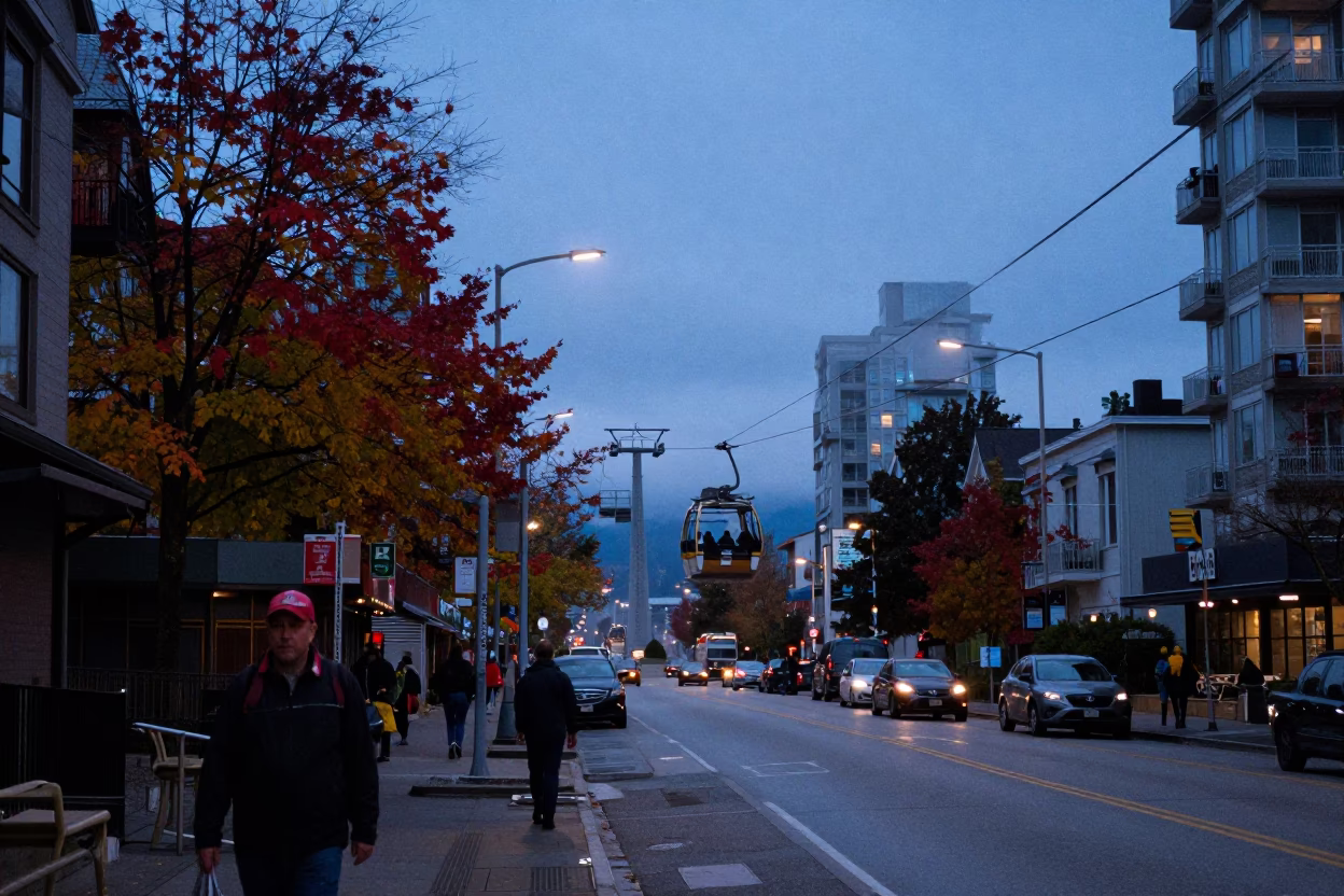 Blue Hour Street Scene in Vancouver with Gondola Lift and Autumn Mist in in Vancouver, British Columbia, Canada