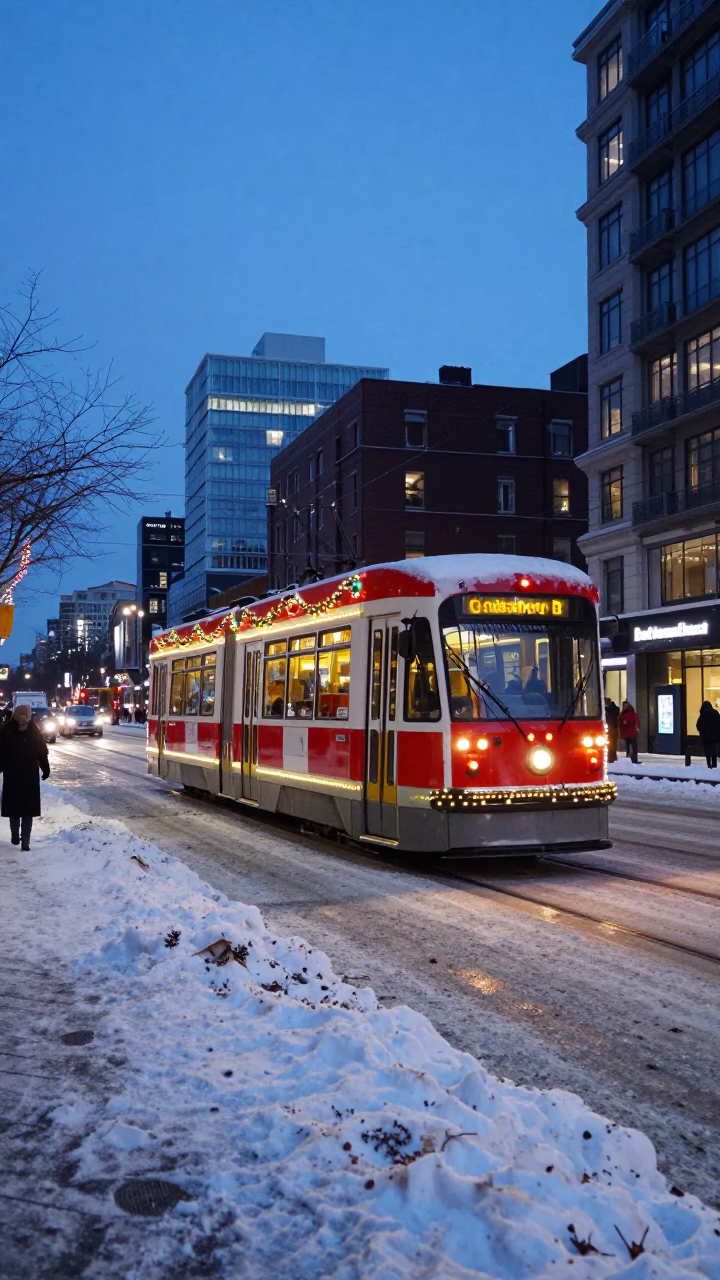 Blue Hour Street Scene in Vancouver with Tramcar and Snow in in Vancouver, British Columbia, Canada