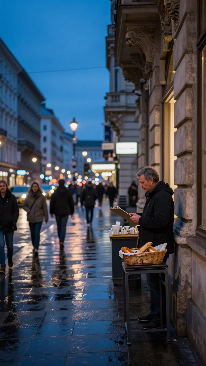 Blue Hour Street Scene in Vienna Austria with Clipboard and Bread Basket in in Vienna, Austria