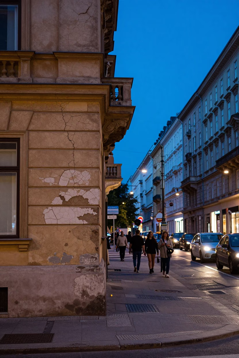 Blue Hour Street Scene in Vienna Austria with Cracked Stucco and Busy City Life in in Vienna, Austria