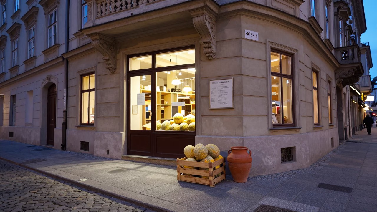 Blue Hour Street Scene in Vienna Austria with Melons and Terracotta Pot in in Vienna, Austria