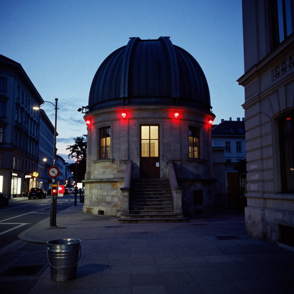 Blue Hour Street Scene in Vienna Austria with Observatory Stairwell and Metal Bucket in in Vienna, Austria