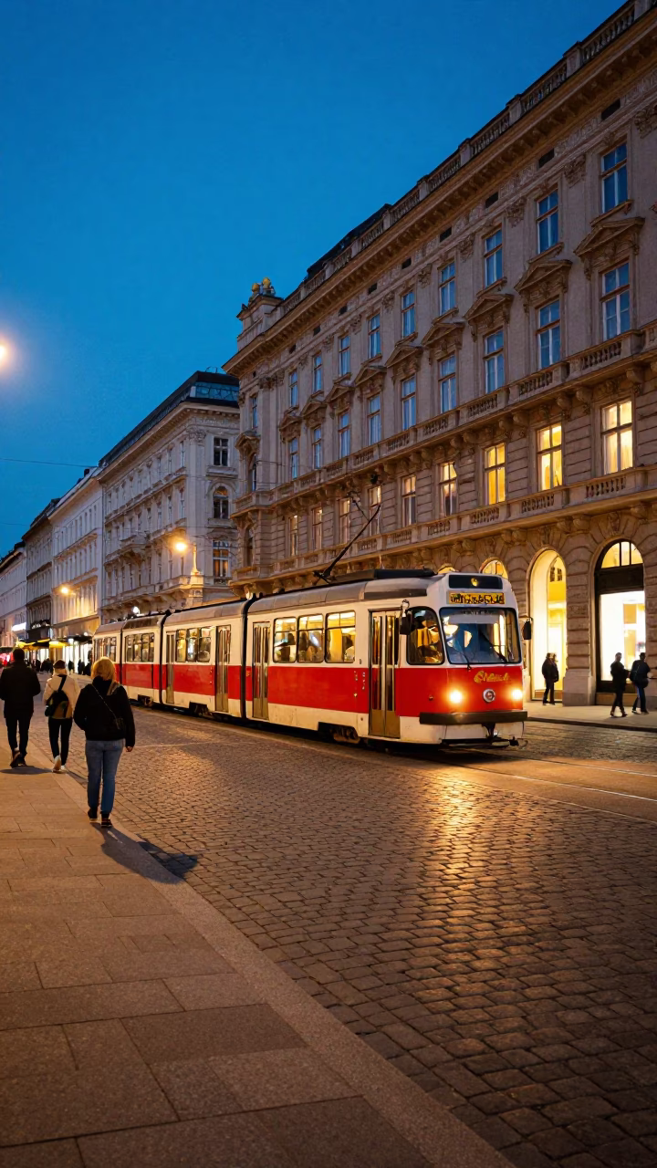 Blue Hour Street Scene in Vienna Austria with Tram and Pedestrians in in Vienna, Austria