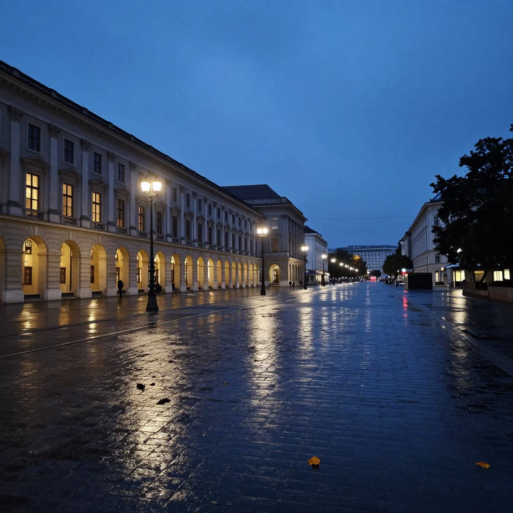 Blue Hour Street Scene in Vienna Austria with Wet Leaves and University Arcade in in Vienna, Austria