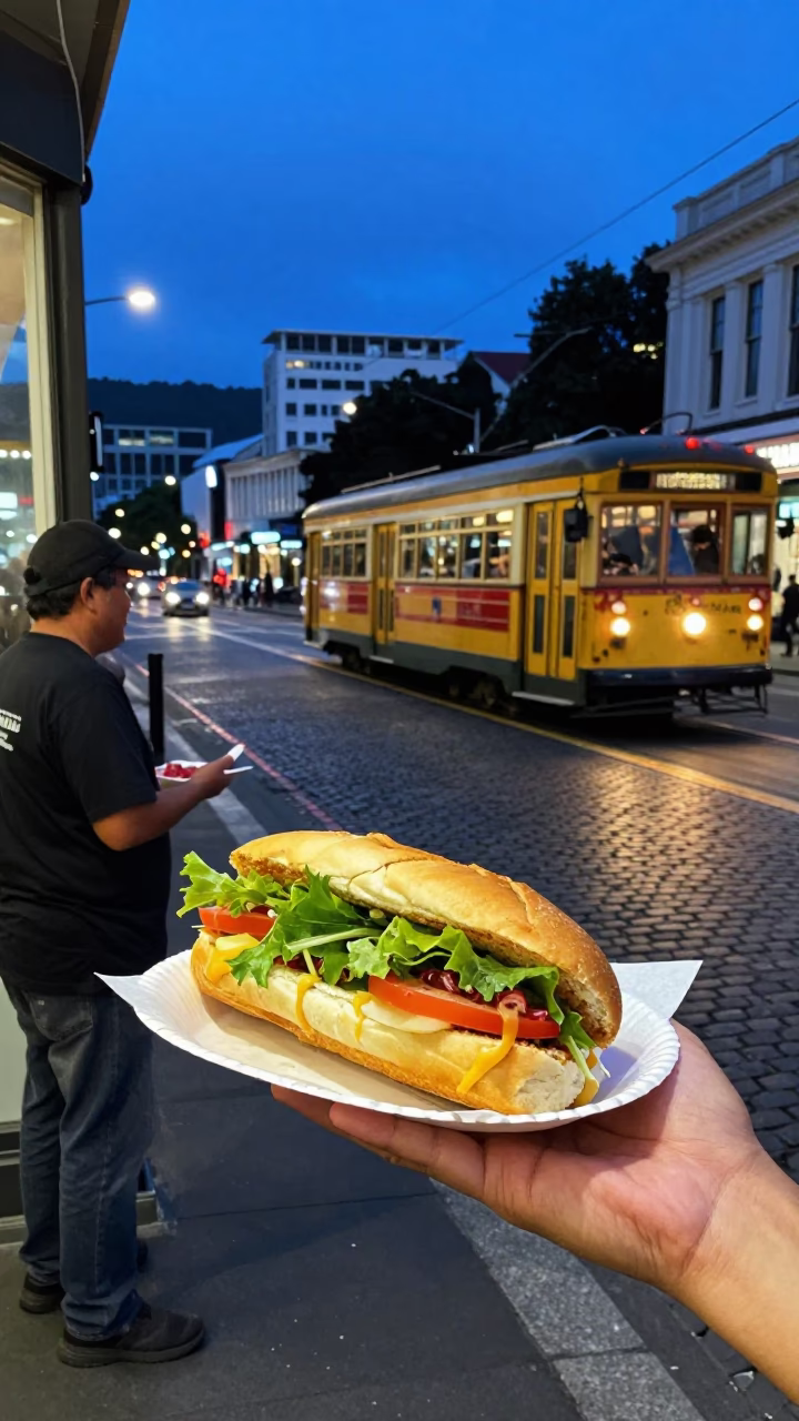 Blue Hour Street Scene in Wellington New Zealand with Food and Transit in in Wellington, New Zealand