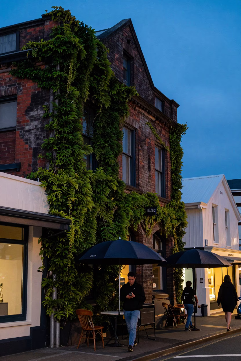 Blue Hour Street Scene in Wellington New Zealand with Ivy and Umbrellas in in Wellington, New Zealand