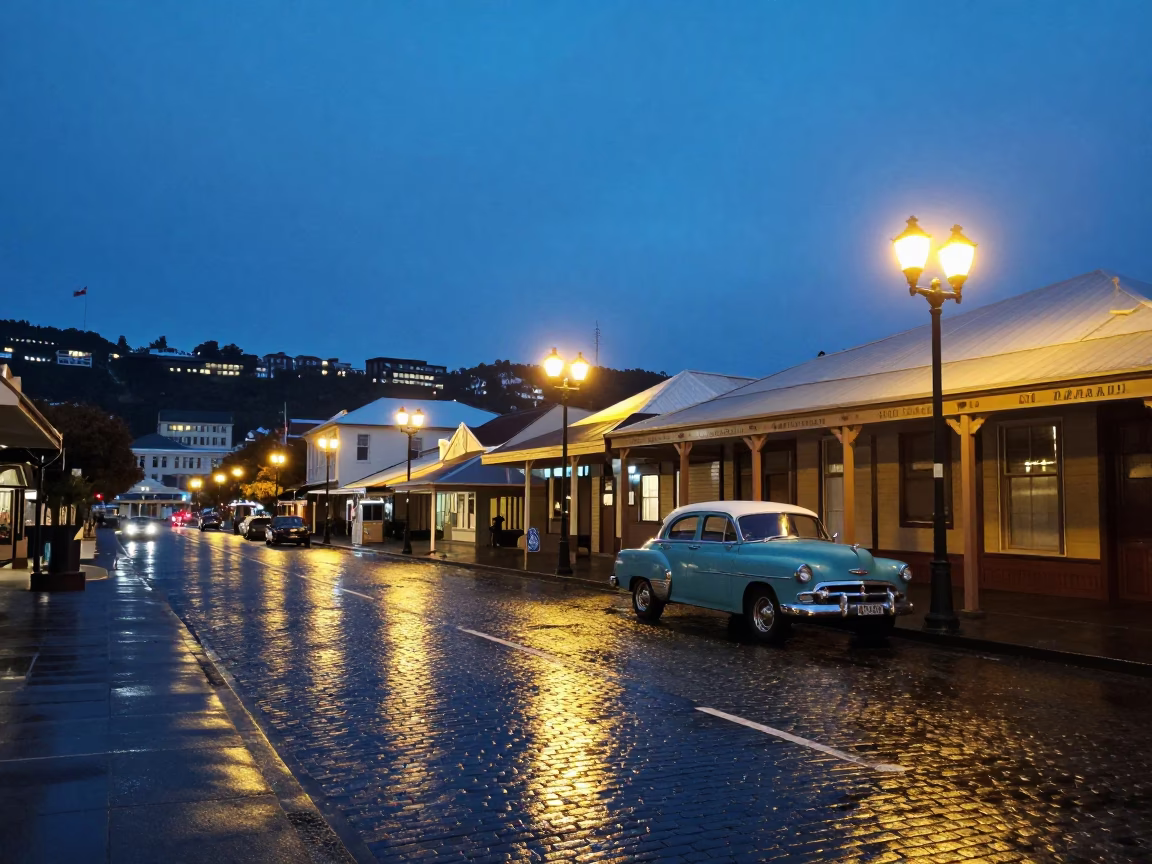 Blue Hour Street Scene in Wellington New Zealand with Vintage 1950s Atmosphere in in Wellington, New Zealand