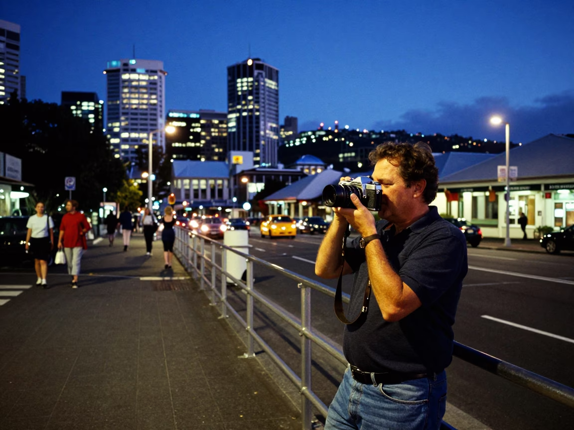 Blue Hour Street Scene in Wellington New Zealand with Vintage Camera and City Lights in in Wellington, New Zealand