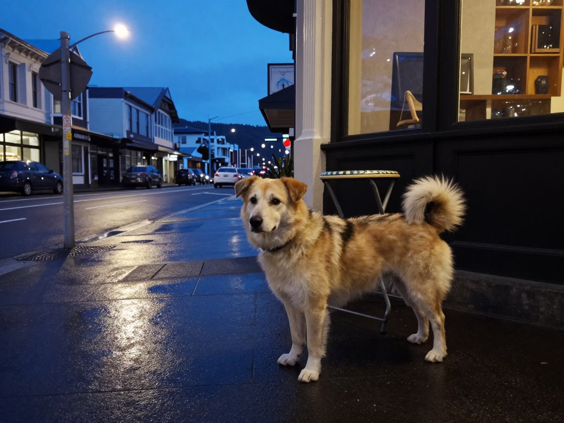Blue hour street scene in Wellington with dog and urban details in in Wellington, New Zealand