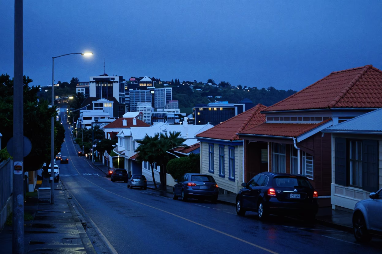 Blue hour street scene in Wellington with vintage car and wet pavement in in Wellington, New Zealand