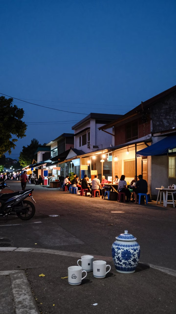 Blue Hour Street Scene in Yogyakarta Indonesia with Coffee Mugs and Porcelain Jar in in Yogyakarta, Indonesia