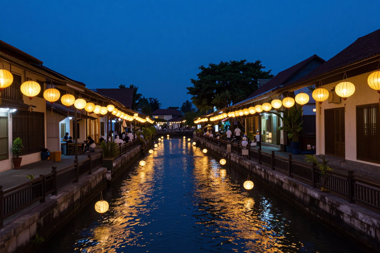 Blue Hour Street Scene in Yogyakarta Indonesia with Lanterns and Canal in in Yogyakarta, Indonesia
