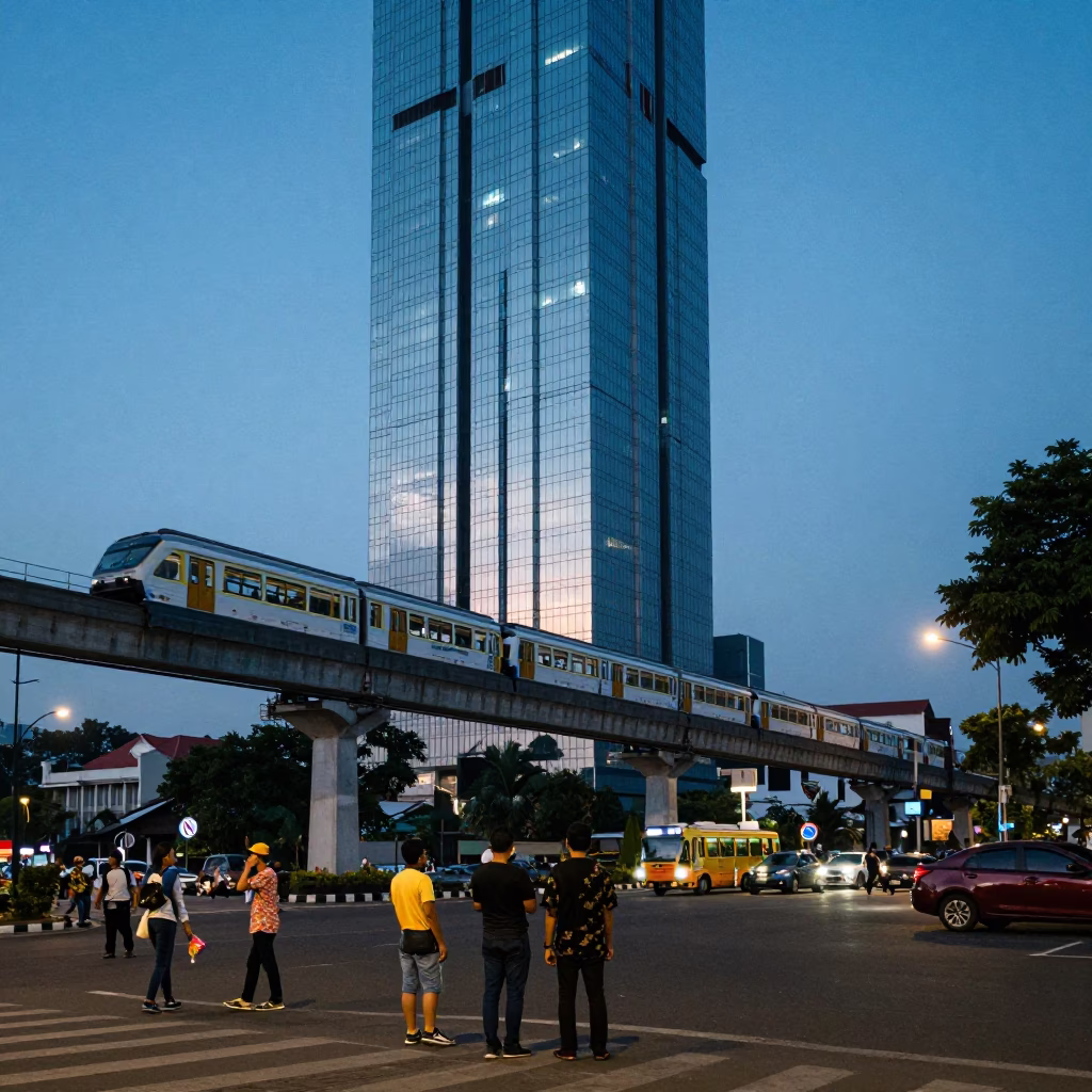 Blue Hour Street Scene in Yogyakarta Indonesia with Monorail Reflection and Local Interaction in in Yogyakarta, Indonesia