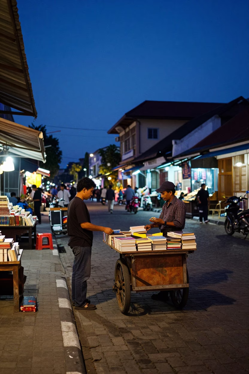 Blue Hour Street Scene in Yogyakarta Indonesia with Paperbacks and Local Interaction in in Yogyakarta, Indonesia