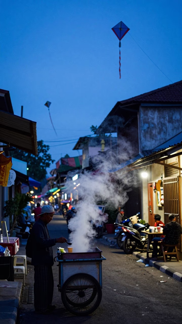 Blue Hour Street Scene in Yogyakarta Indonesia with Steam and Kites in in Yogyakarta, Indonesia